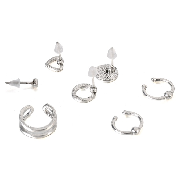 Ear Cuff Open Heart Circle Bar Stud Earrings 7Pc - Picture 4 of 6